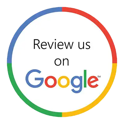 Ridgeway Fencing A circular sign with a blue, red, green, and yellow border reads "Review us on Google" in the center. The Google logo is prominently displayed with its distinctive colors and font.
